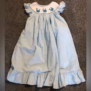Ruffle Girl blue snd white ruffle short smocked sleeve whale dress